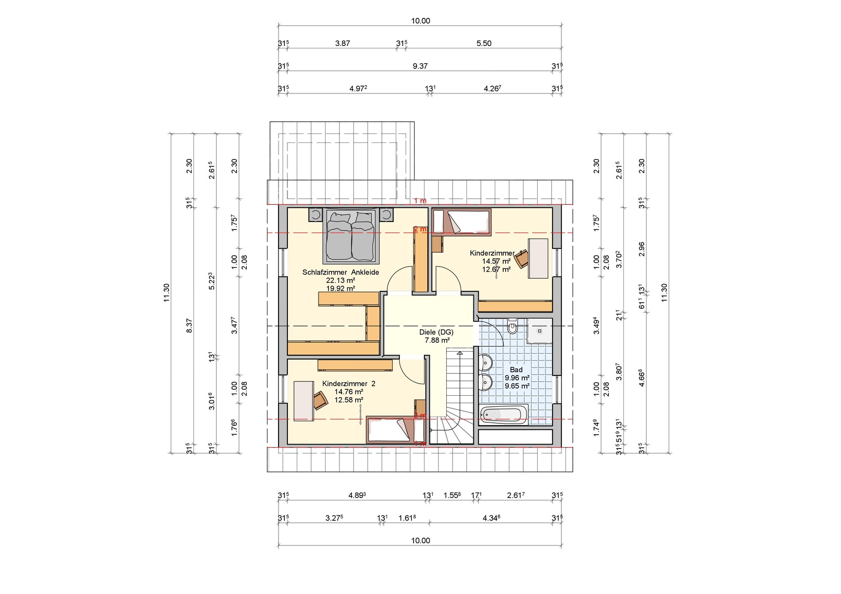 Grundriss-Diagramm eines Dachgeschosses: Schlafzimmer, Ankleide, Kinderzimmer, Bad, Diele