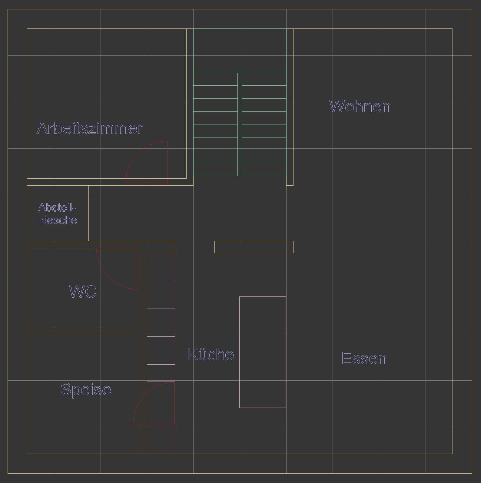 Grundriss eines Hauses mit Arbeitszimmer, Wohnen, Küche, Essen, WC, Speise, Abstellnische, Treppen.