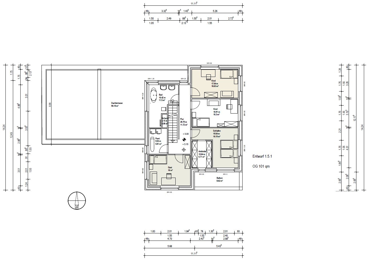Grundriss Dachgeschoss: Schlafzimmer, Bad, Ankleide, Gast- und Kinderzimmer, Flur, Balkon.
