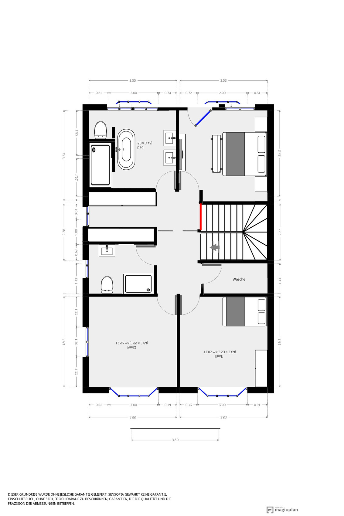 Grundriss eines Obergeschosses: zwei Schlafzimmer, Bad, Waschküche, Treppe, Flur.