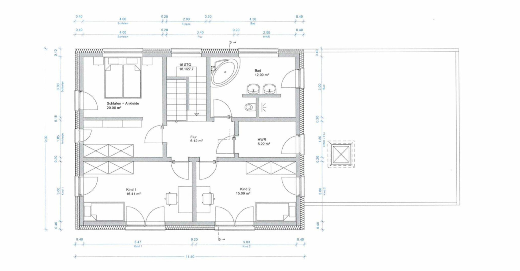 Grundriss Obergeschoss: Schlafzimmer, Bad, Flur, HWR und zwei Kinderzimmer