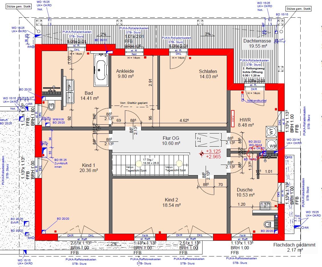 Grundriss OG: Bad, Ankleide, Schlafen, HWR, Kind 1, Kind 2, Flur OG, Dusche, Dachterrasse.