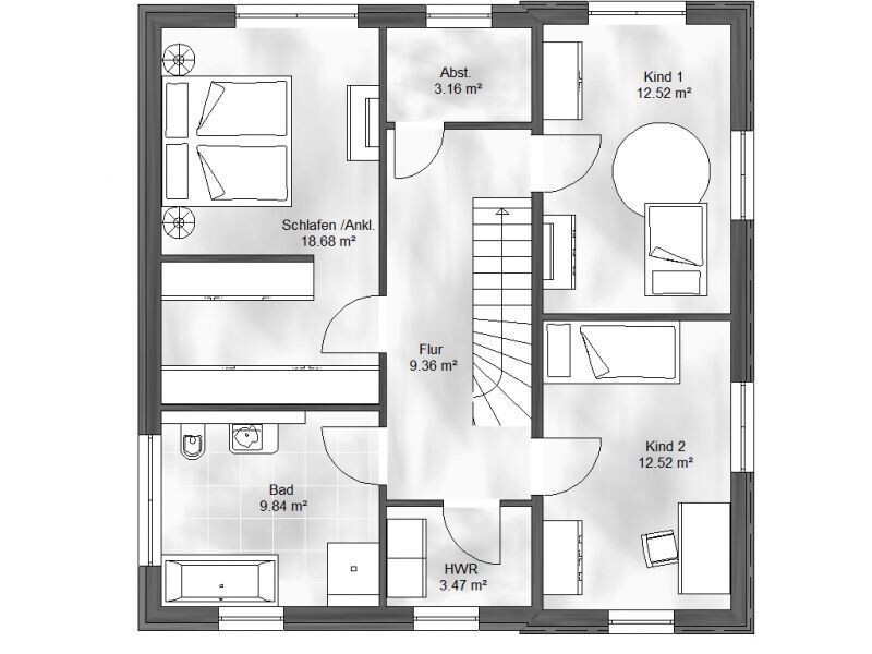 Grundriss Obergeschoss: Flur, Treppe, Schlafzimmer, zwei Kinderzimmer, Bad, HWR, Abstellraum.