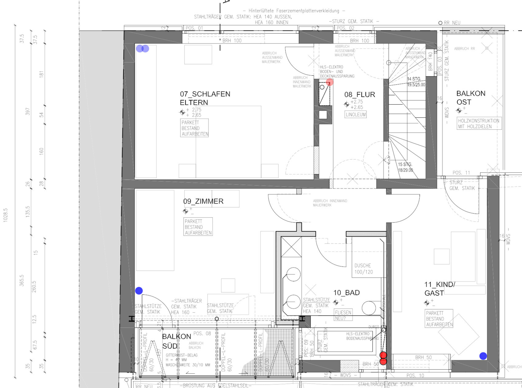 Grundriss eines Hauses Obergeschoss mit Schlafzimmer, Bad, Flur und Balkon