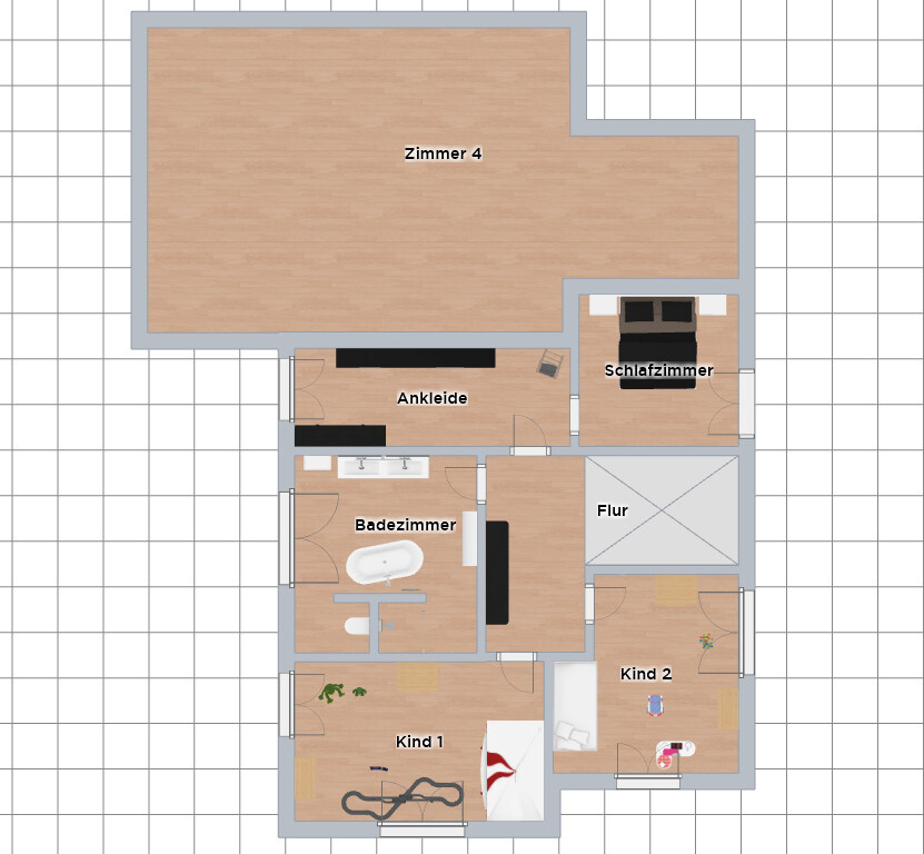 Grundriss eines Hauses mit Zimmer 4, Ankleide, Badezimmer, Schlafzimmer, Flur, Kind 1 und Kind 2.