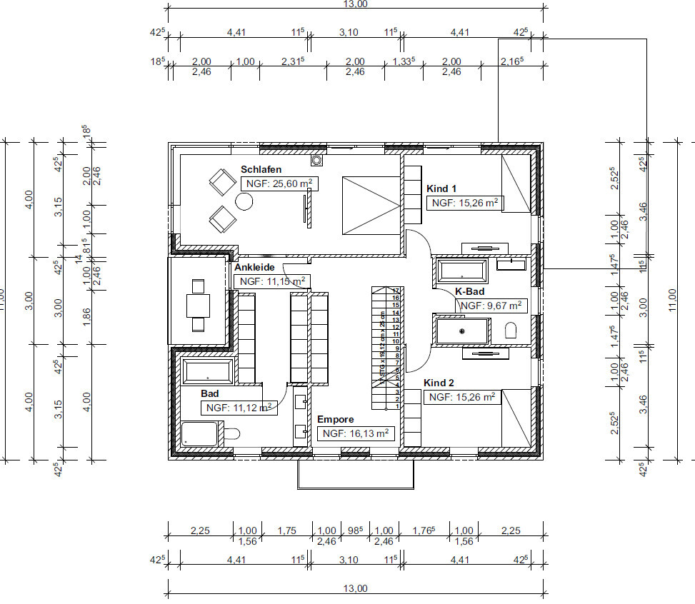 Grundriss eines Obergeschosses: Schlafzimmer, Ankleide, K-Bad, Bad, Empore, Kind 1, Kind 2, Treppen