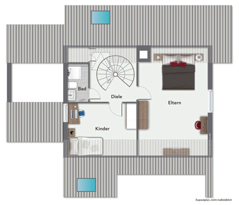 Top-down Grundriss eines Hauses mit Eltern- und Kinderzimmer, Bad und Diele sowie Spiraltreppe