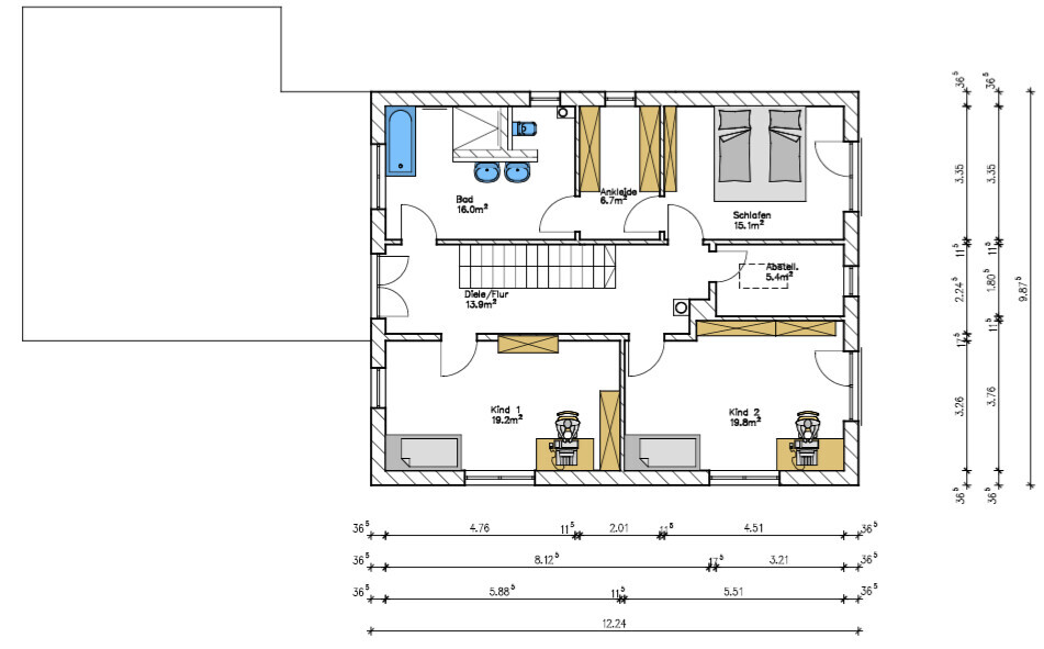 Grundriss eines Hauses: Flur, Bad, Ankleide, Schlafen, zwei Kinderzimmer, Abstellraum.