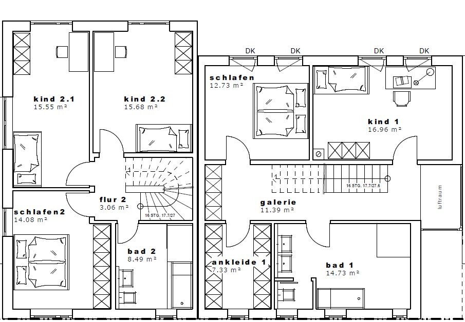 Grundriss eines zweigeschossigen Hauses mit Schlafzimmern, Kinderzimmern, Bad und Galerie.