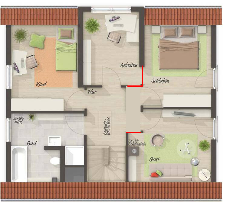 Grundriss eines Dachgeschosses: Schlafzimmer, Kinderzimmer, Gästezimmer, Arbeitszimmer, Bad und Flur.