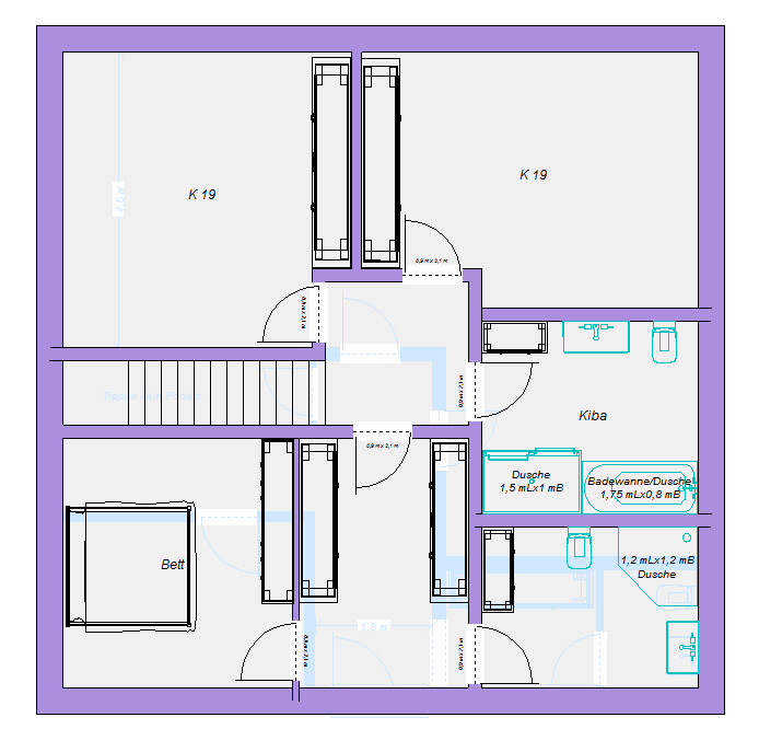 Grundriss einer Wohnung: Schlafzimmer mit Bett, Küche, Badezimmer mit Dusche/Badewanne, Flur