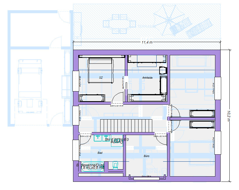 Grundriss eines Hauses: Schlafzimmer, Ankleide, Büro, Bad, Terrasse; Garage mit Auto links.