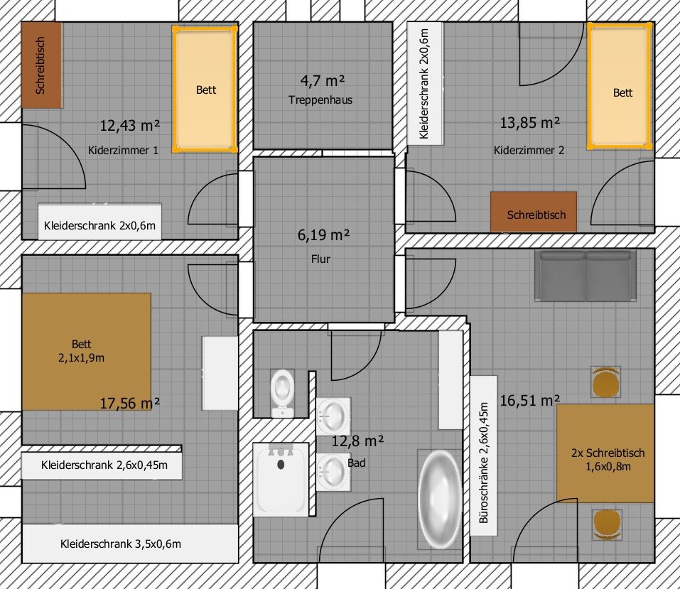 Grundriss eines Hauses: zwei Kinderzimmer, Bad, Flur, Treppenhaus, Betten, Schreibtische.