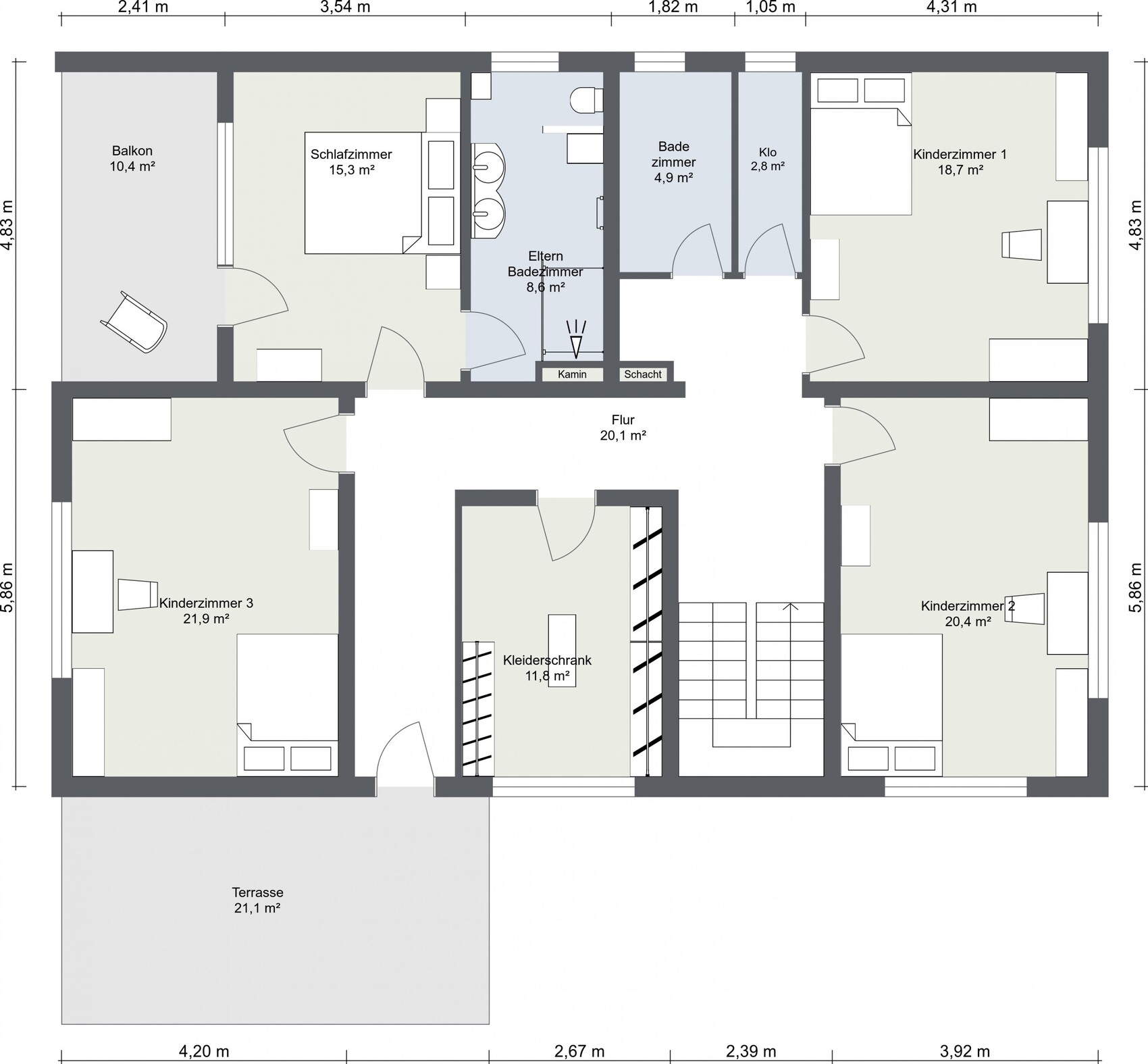 2D-Hausgrundriss mit Flur, Schlafzimmer, Kinderzimmern, Bad, Balkon und Terrasse