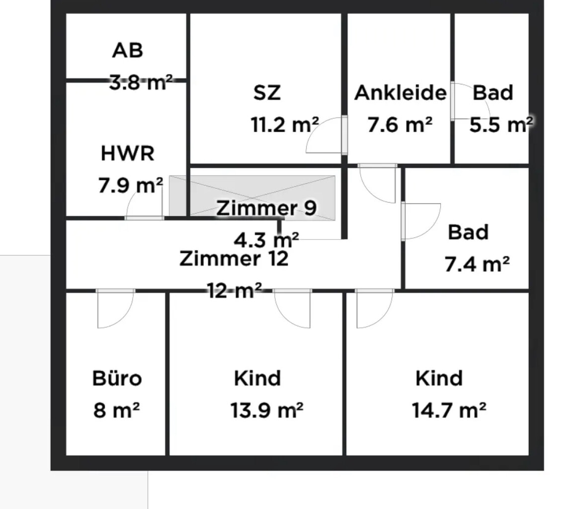 Grundriss einer Wohnung mit Schlafzimmer, zwei Kinderzimmern, Büro, Ankleide und Bad.