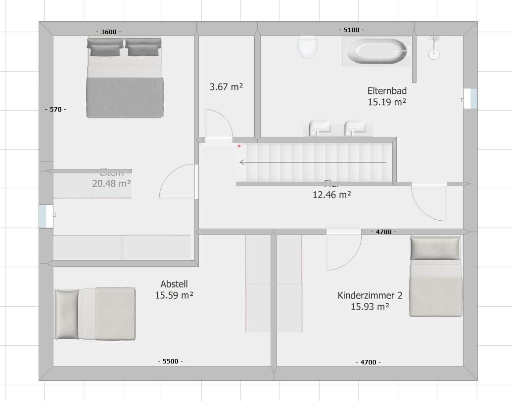 Grundriss eines Obergeschosses: Schlafzimmer, Elternbad, Kinderzimmer 2, Abstellraum, Flur