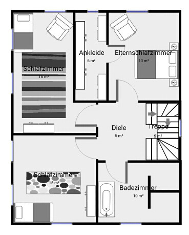 2D-Grundriss eines Familienhauses mit Flur, Schlafzimmern und Bad