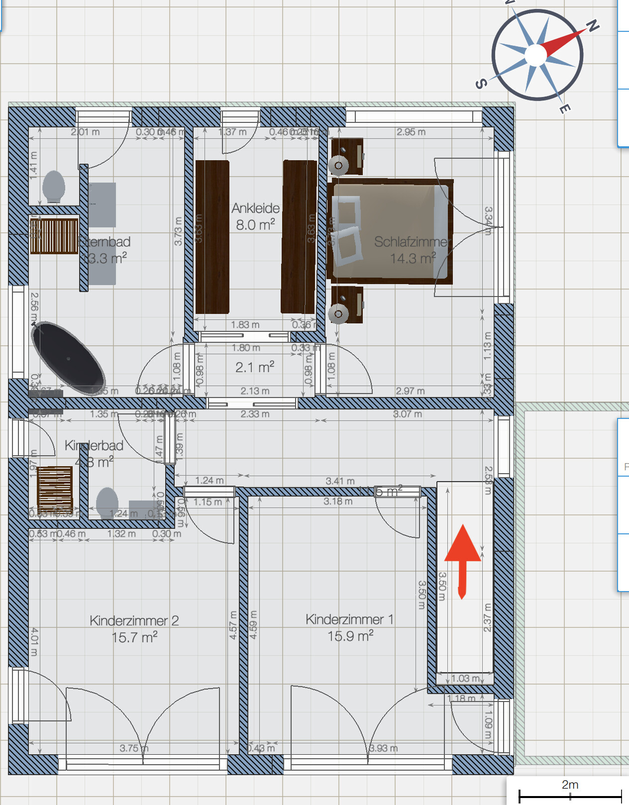 Grundriss eines Hauses: Schlafzimmer, Ankleide, Bad, Kinderzimmer 1-2, Flure, Kompass.
