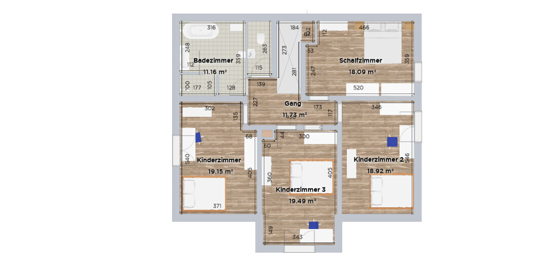 Grundriss einer Wohnung mit Badezimmer, Schlafzimmer und drei Kinderzimmer sowie Gang
