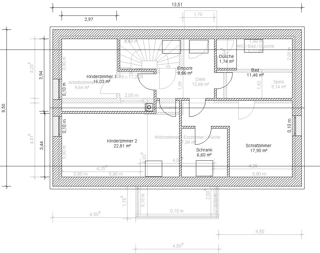 Grundriss eines Hauses mit Wohnzimmer/Esszimmer/Küche, Schlafzimmer, Kinderzimmern, Bad, Dusche, WC.