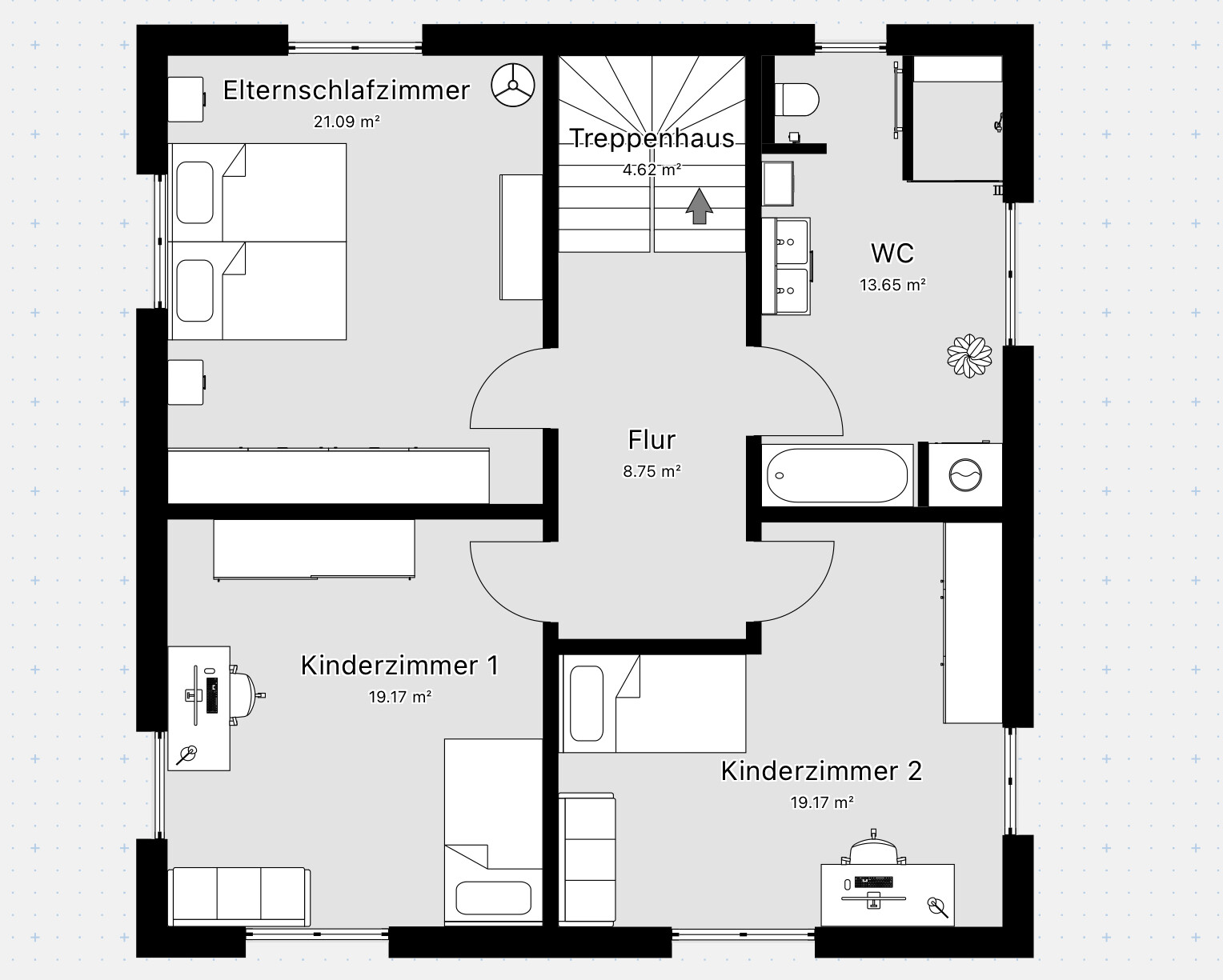 Grundriss eines Hauses mit Flur, Treppenhaus, Elternschlafzimmer und zwei Kinderzimmer