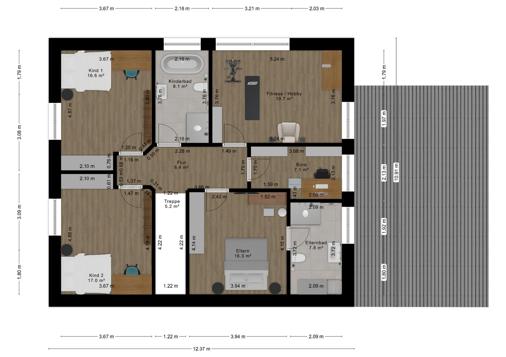2D-Grundriss eines Hauses mit Schlafzimmern, Kinderzimmern, Bad, Fitnessraum und Terrasse