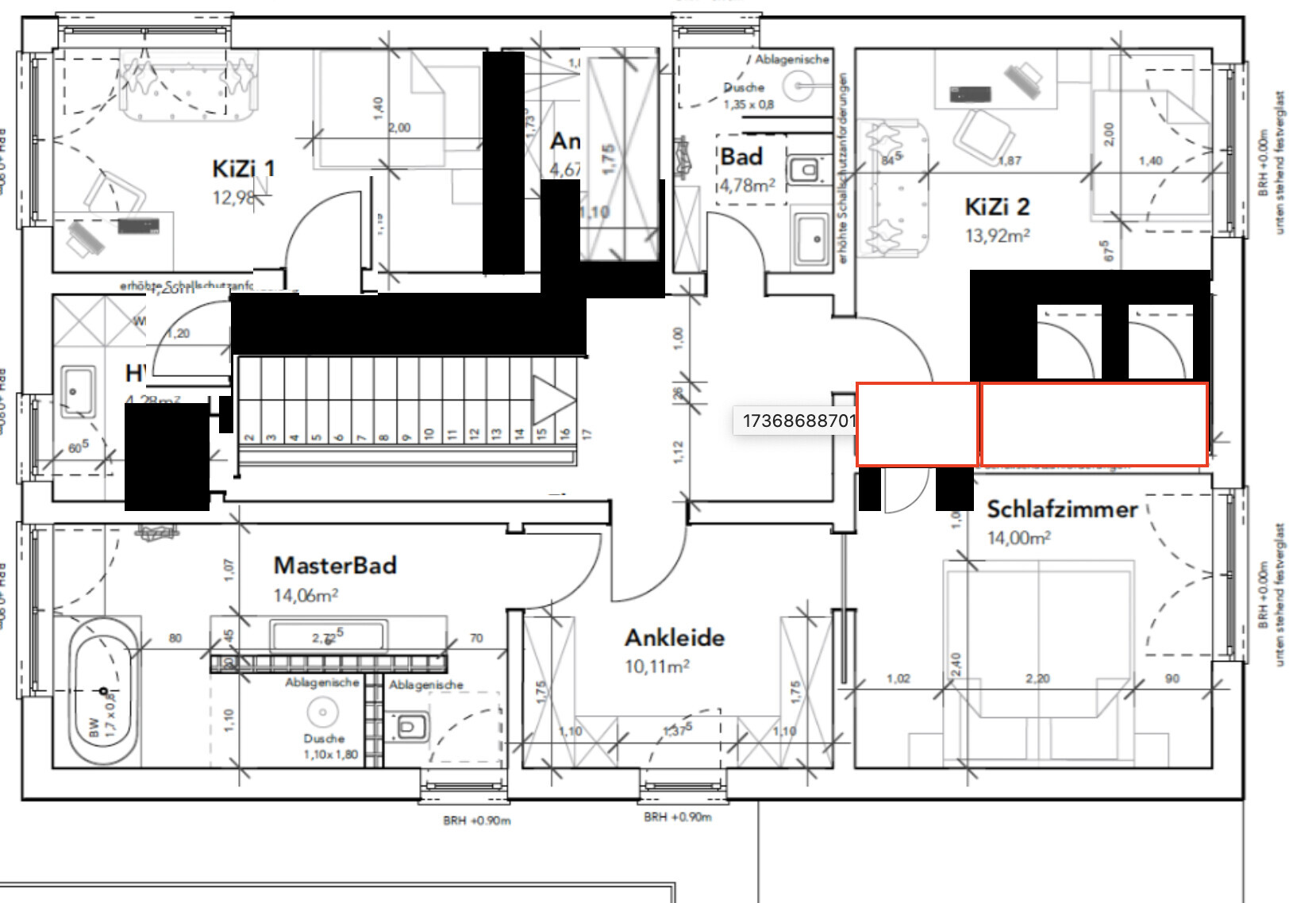 Grundriss eines Hauses: Schlafzimmer, Ankleide, MasterBad, zwei Kinderzimmer, Bad und Flur.