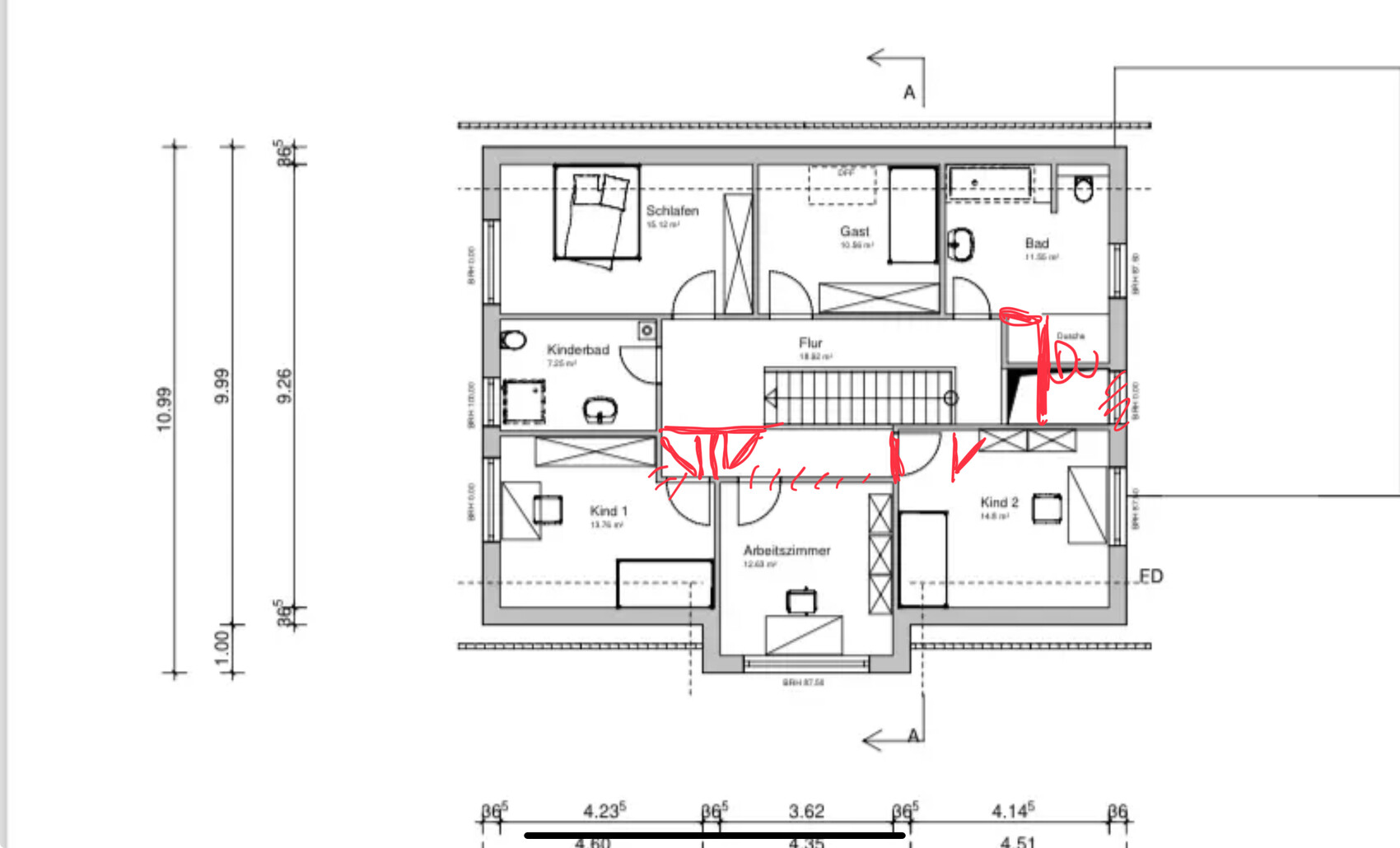 Grundriss einer Etage: Schlafzimmer, Gast, Kinderbad, Kind 1, Kind 2, Arbeitszimmer, Flur, Treppe.