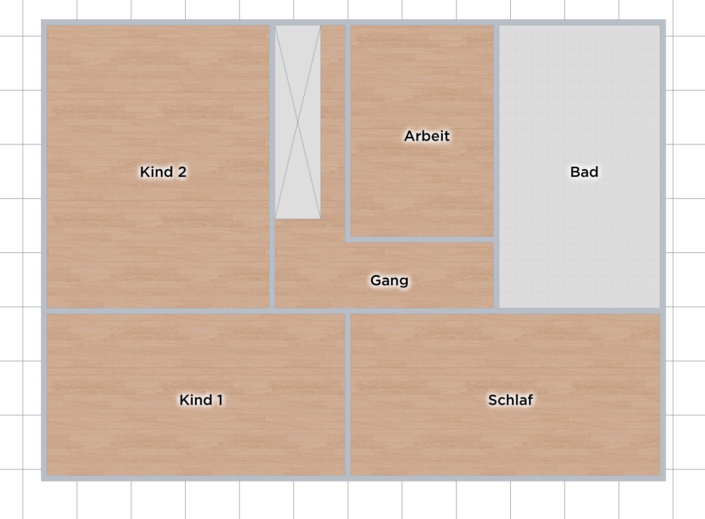 2D Grundriss eines Hauses mit Kind 1, Kind 2, Bad, Schlaf, Arbeitsbereich