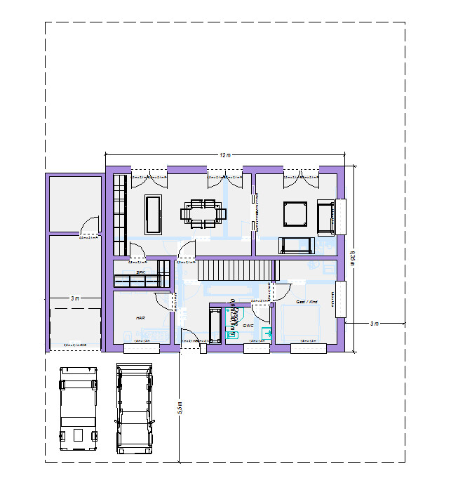 Grundriss eines Hauses von oben mit Wohnzimmer, Küche, Essbereich, Schlafzimmer, Bad, Treppe.