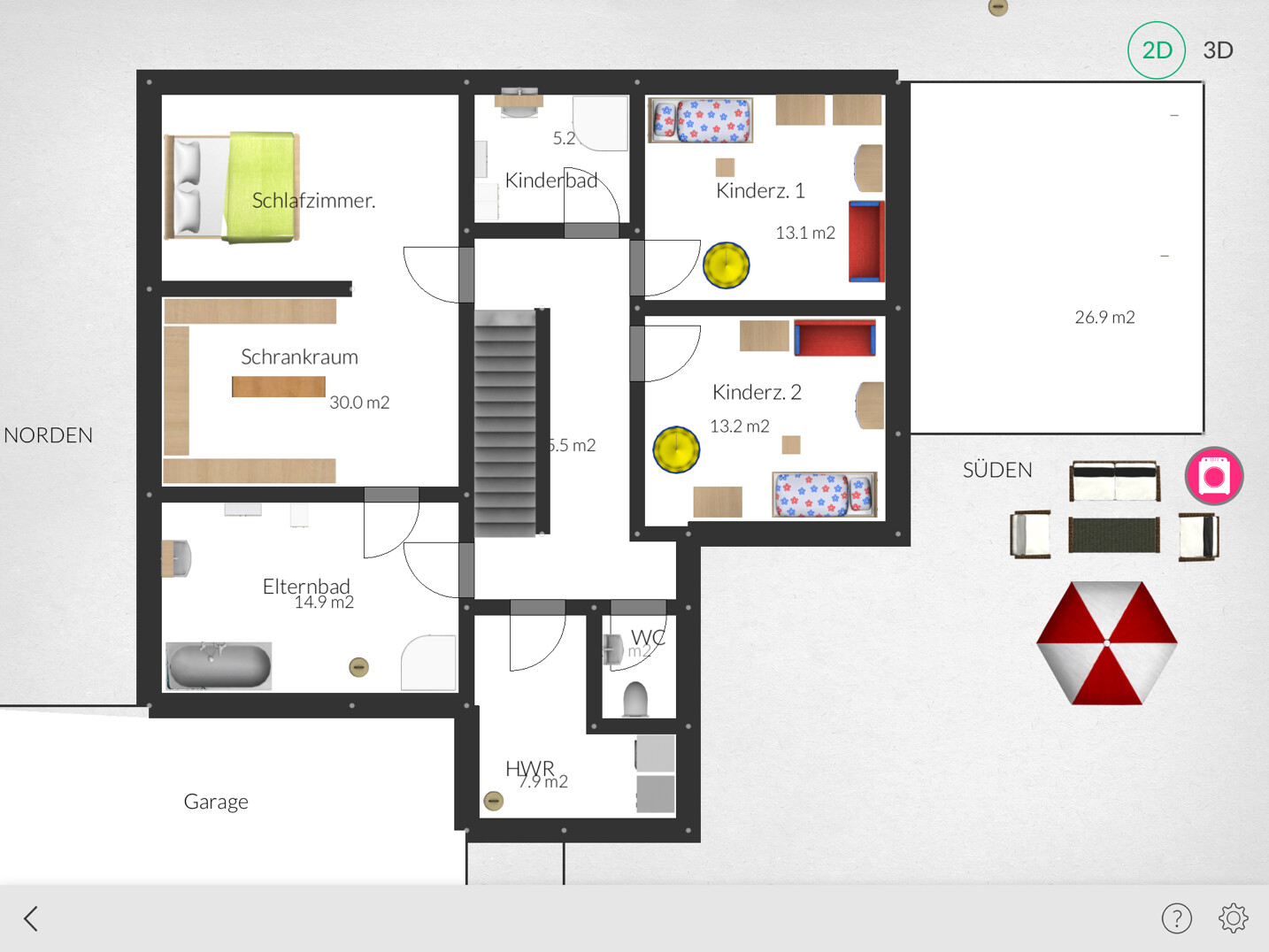 2D-Grundriss eines Hauses mit Schlafzimmer, Kinderzimmern, Bad, Flur und Garage