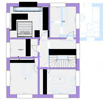 2D-Hausgrundriss mit Bad, Küche, Wohnzimmer, Schlafzimmer und Treppen