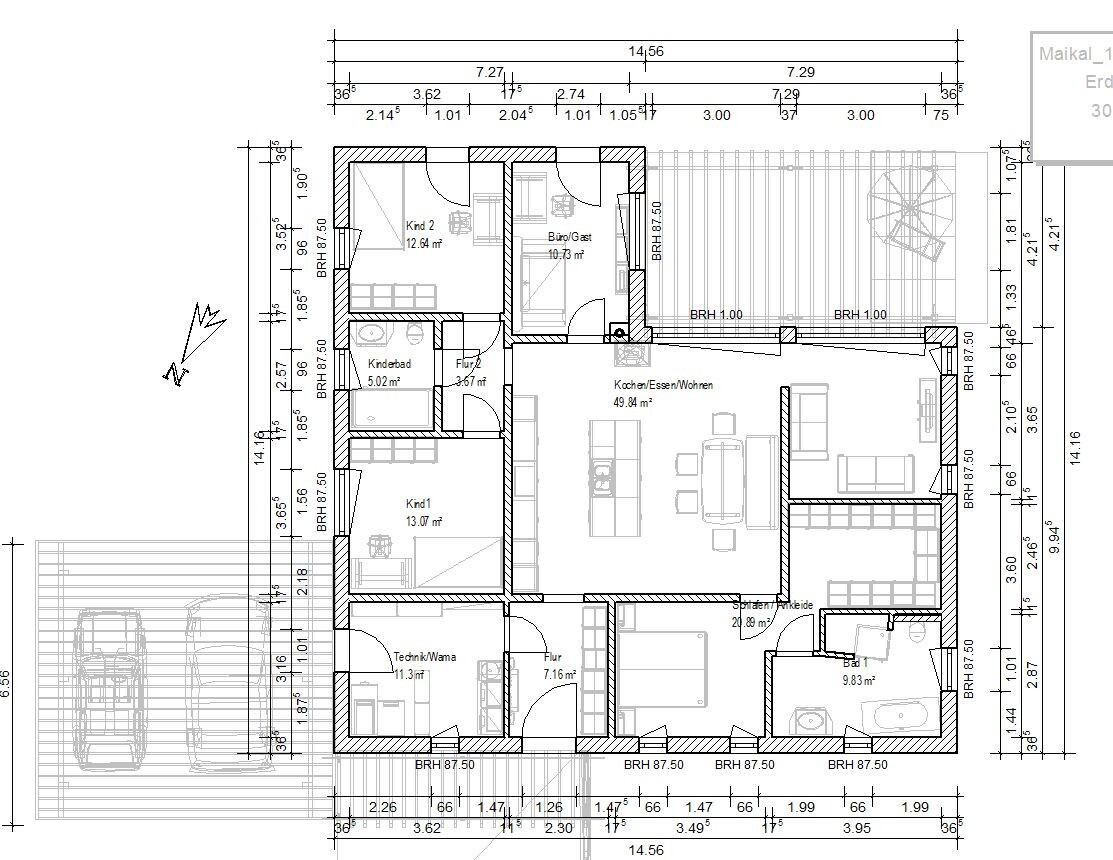 Grundriss eines Einfamilienhauses: Küche/Essen/Wohnen, Bad, Kind1, Kind2, Büro, Flur, Garage.