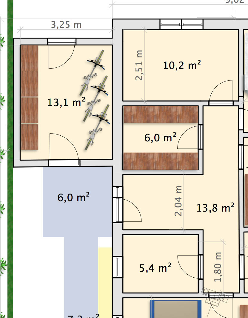 2D-Grundriss eines Hauses mit mehreren Zimmern und Flächenangaben in Quadratmetern