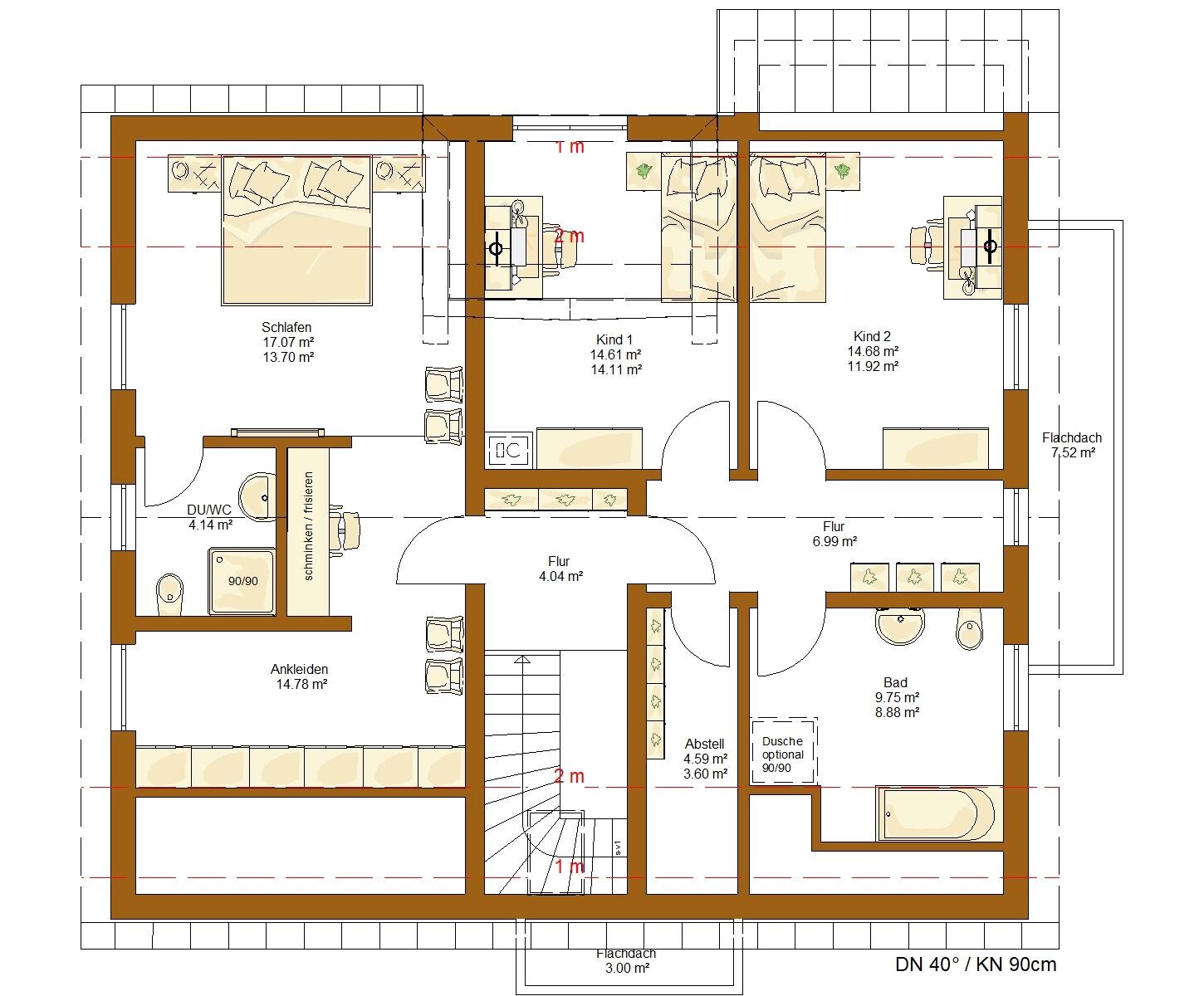 Grundriss eines Hauses mit Schlafen, zwei Kinderzimmern, Bad, Dusche, Ankleide und Flur.