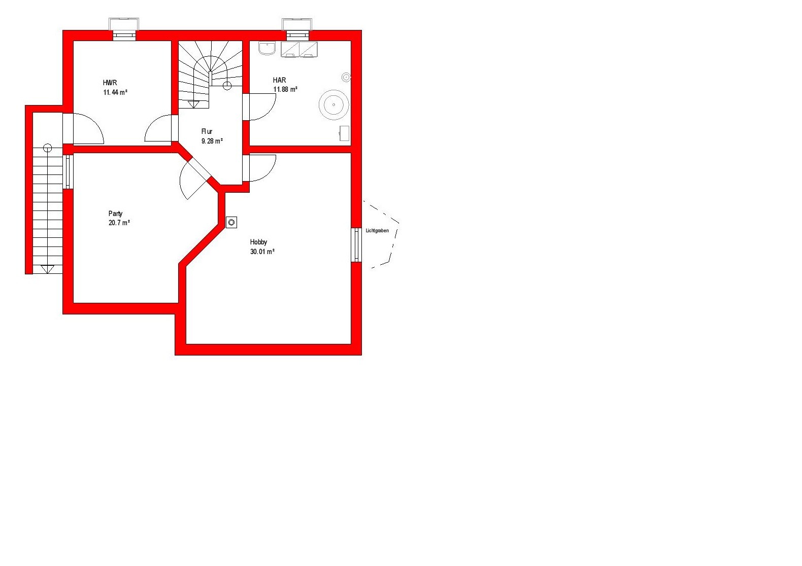2D Grundriss eines Hauses mit roter Außenwand, beschriftete Räume HWR HAR Hobby Party Flur