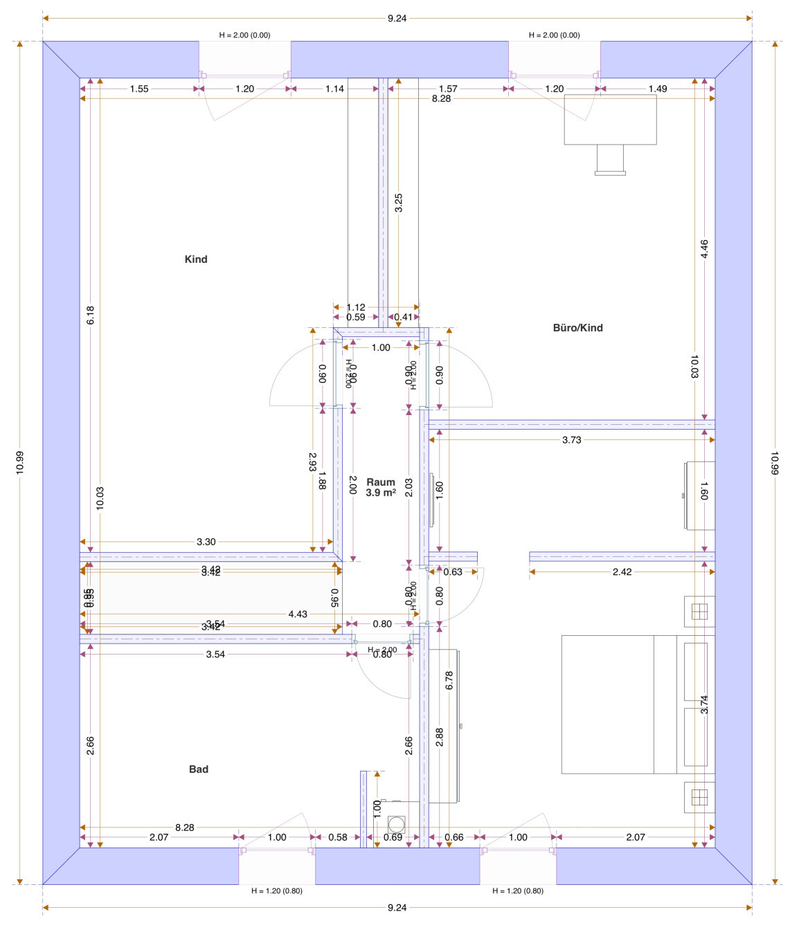 Grundriss: Räume Kind, Büro/Kind und Bad; Raum 3,9 m²; Türen/Maße.