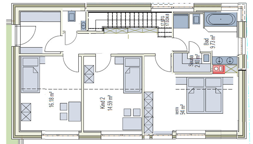 Grundriss einer Wohnung mit Schlafzimmer, Bad, Sauna, Küche und Treppen.