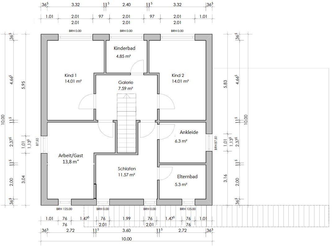 Grundriss Obergeschoss mit zwei Kinderzimmer, Schlafen, Arbeit/Gast, Ankleide, Elternbad, Galerie, Kinderbad.