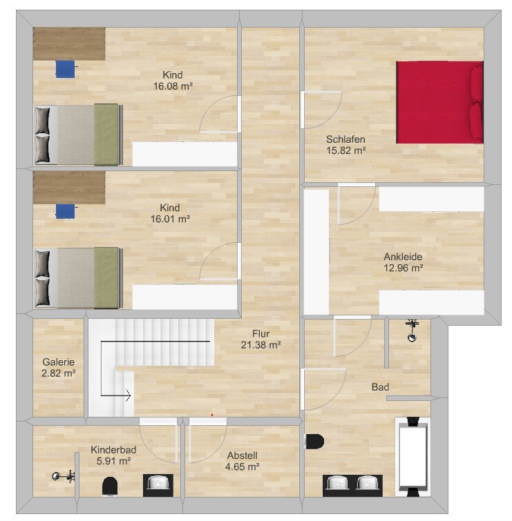 Grundriss: Schlafzimmer, Kinderzimmer, Ankleide, Bad, Flur, Galerie und Abstellraum.