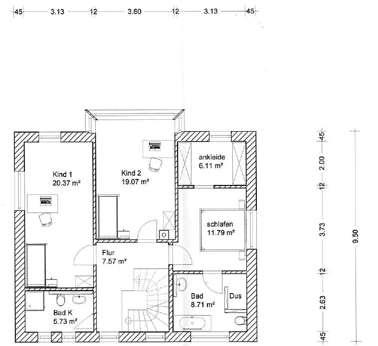 Grundriss eines Hauses mit zwei Kinderzimmern, Schlafzimmer mit Ankleide, Bad, Dusche und Flur.