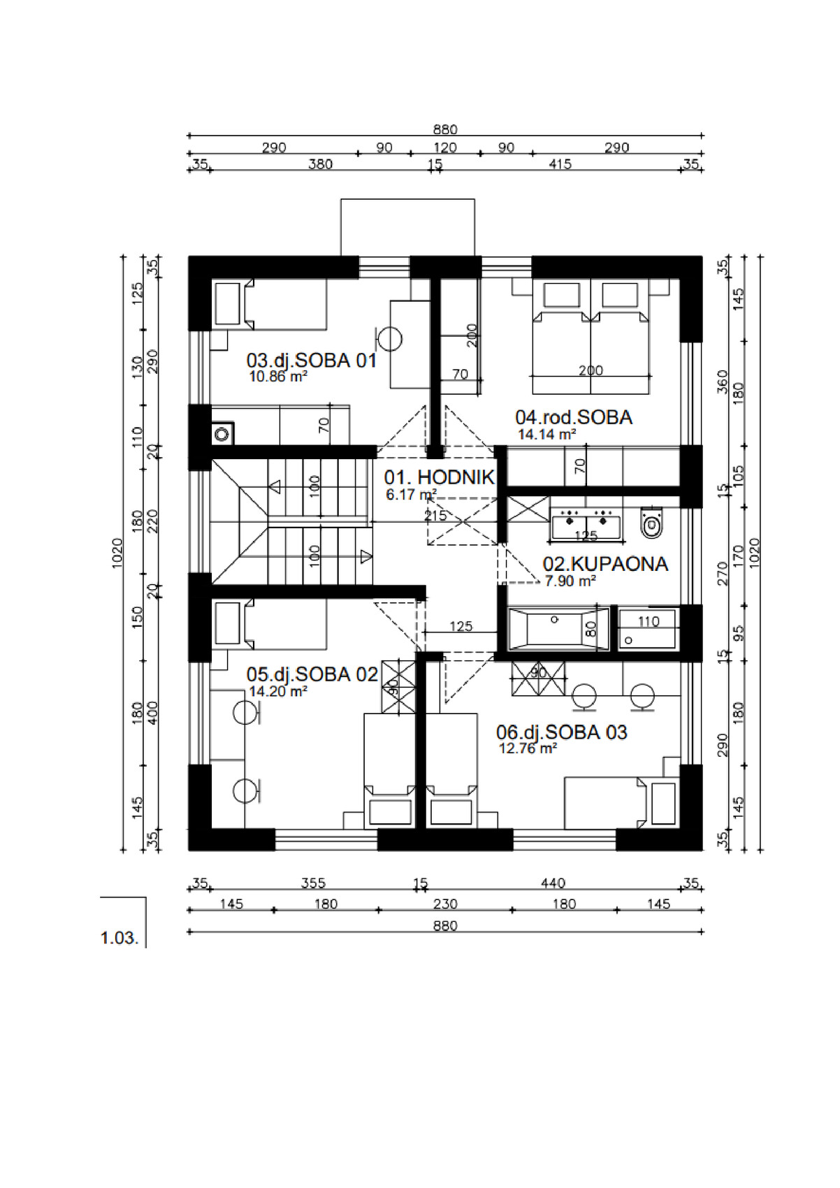2D-Grundriss eines Hauses mit Flur, Bad, Küche, Schlafzimmern und Treppe