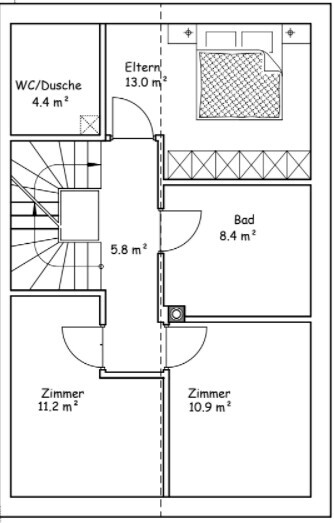 Grundriss eines Obergeschosses: Elternzimmer, zwei Zimmer, Bad, WC/Dusche, Flur und Treppenhaus.