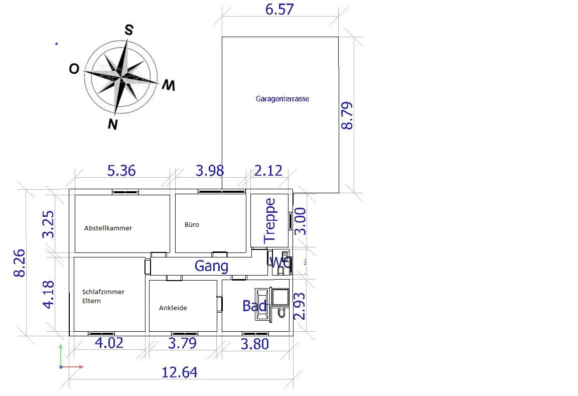 Grundriss eines Hauses mit Schlafzimmer der Eltern, Ankleide, Bad, WC, Büro, Gang, Treppe.