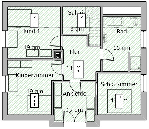 2D-Hausgrundriss mit Flur, Schlafzimmer, Kinderzimmer, Bad und Ankleide