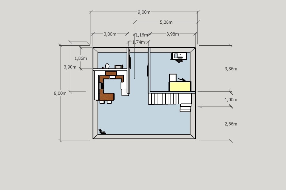 Grundriss eines kleinen Büros mit Schreibtisch, Computer links und Treppe rechts.