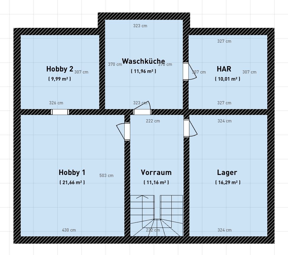 Grundriss eines Hauses mit sechs Räumen: Hobby 1, Hobby 2, Waschküche, HAR, Vorraum, Lager.