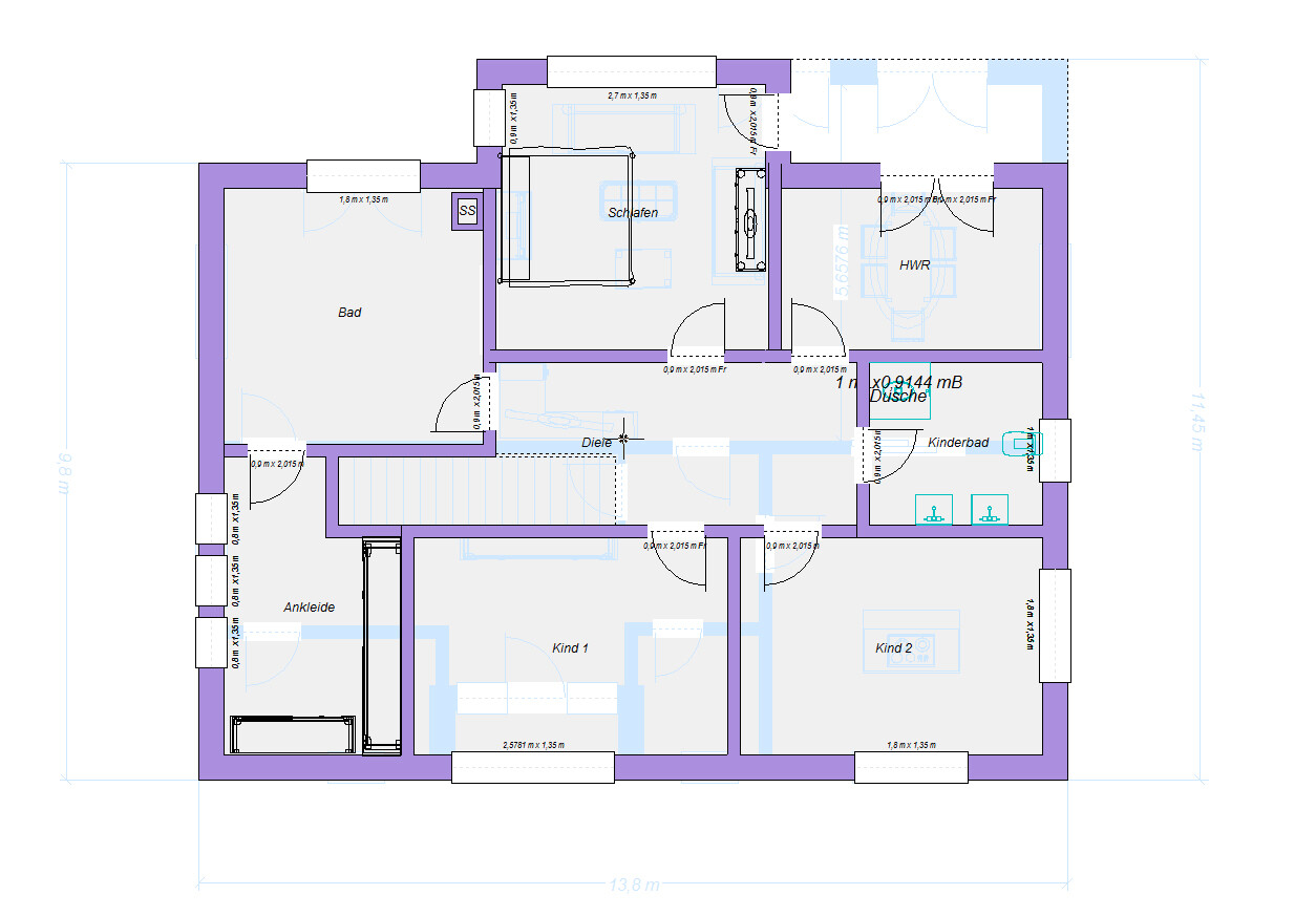 Grundriss eines Hauses: Schlafraum, Bad, zwei Kinderzimmer, Ankleide, Diele und HWR.