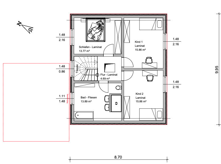 Grundriss einer Etage: Flur, Bad, Schlafen und zwei Kinderzimmer.