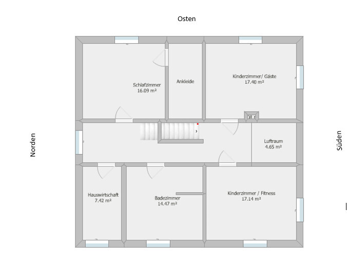 Grundriss Obergeschoss mit Schlafzimmer, Ankleide, Kinderzimmer, Bad, Fitnessraum.